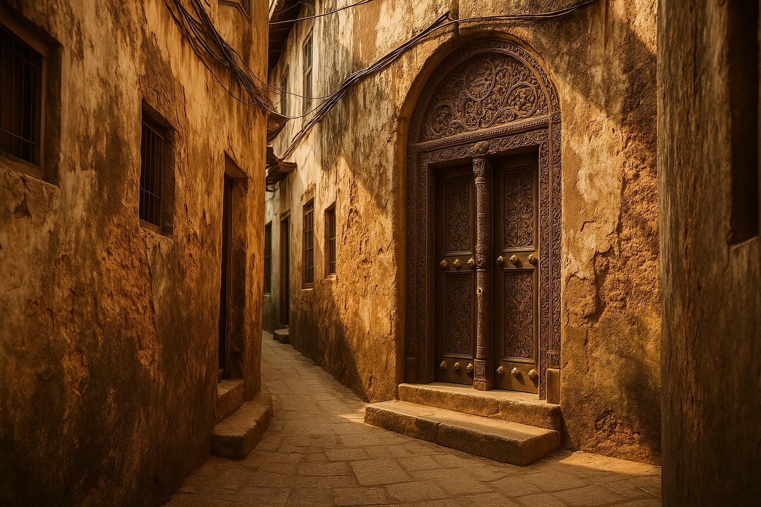 Misternie rzeźbione drzwi Zanzibaru w historycznej uliczce Stone Town