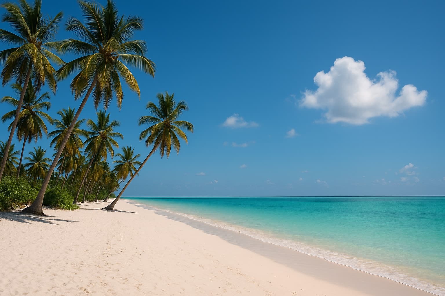Słoneczna plaża na Zanzibarze z błękitnym niebem, palmami i turkusowym morzem – najlepszy czas na podróż