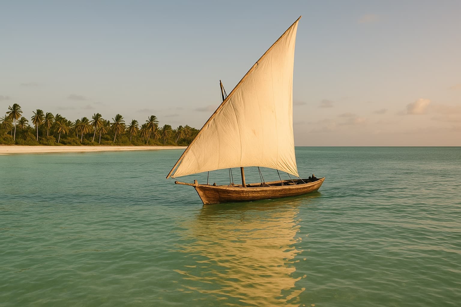 Traditionelles Dhow-Segelboot auf türkisem Wasser vor Sansibar im warmen Abendlicht