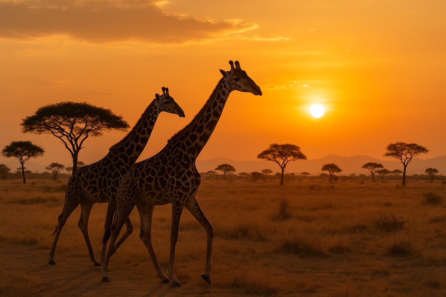 Giraffen vor glühendem Sonnenuntergang in der Savanne von Mikumi