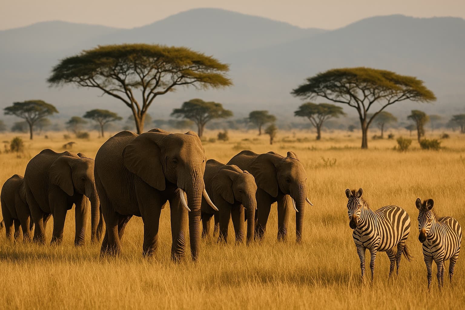 Elefanten und Zebras in der goldenen Savanne des Mikumi-Nationalparks