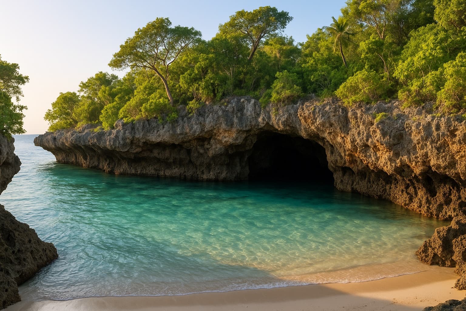 Versteckte Naturbucht mit Badehöhle und türkisem Wasser an Sansibars ruhiger Südküste bei Mtende